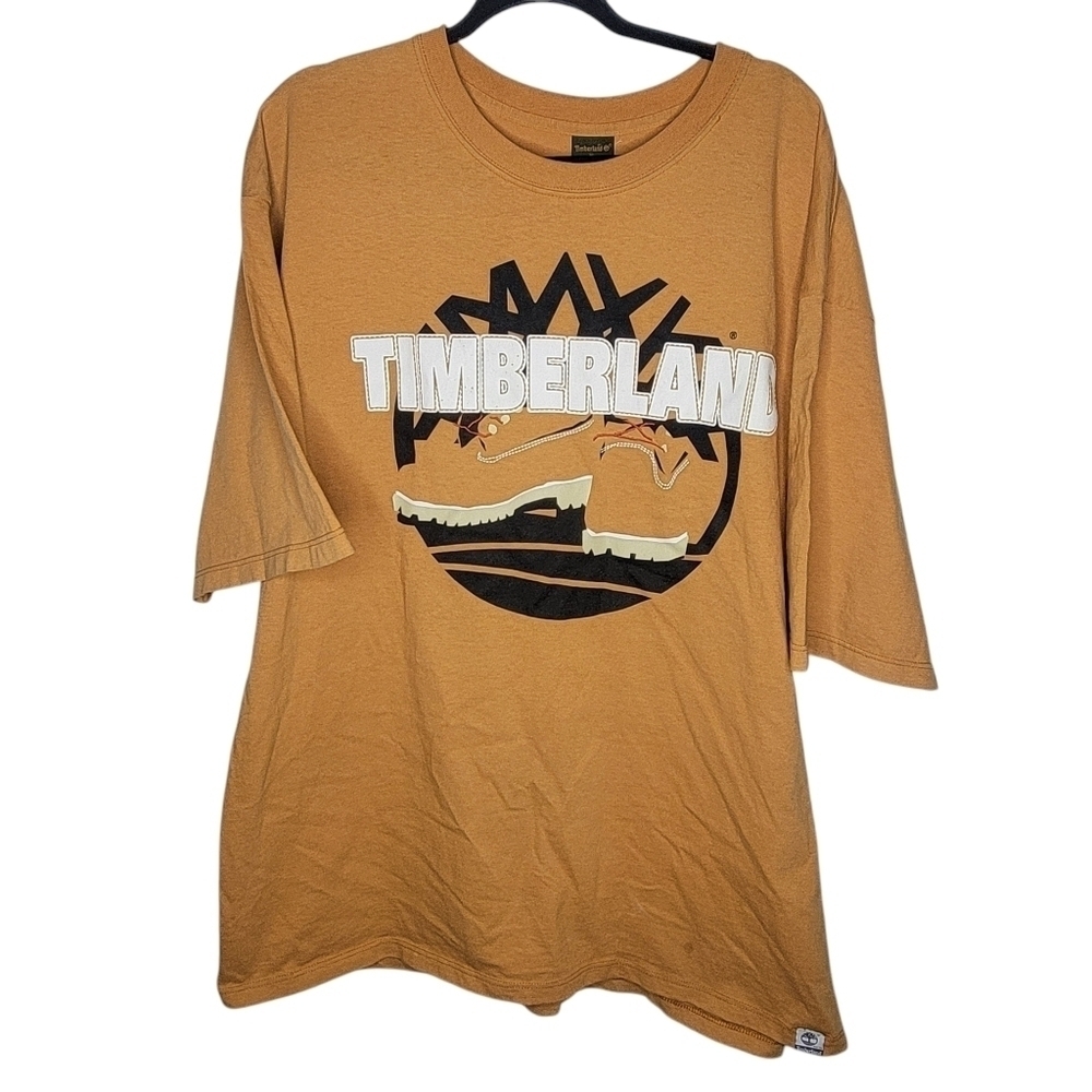 Vintage 90s Timberland Boots Spell Out Logo Graphic T-Shirt in Tan Size XL